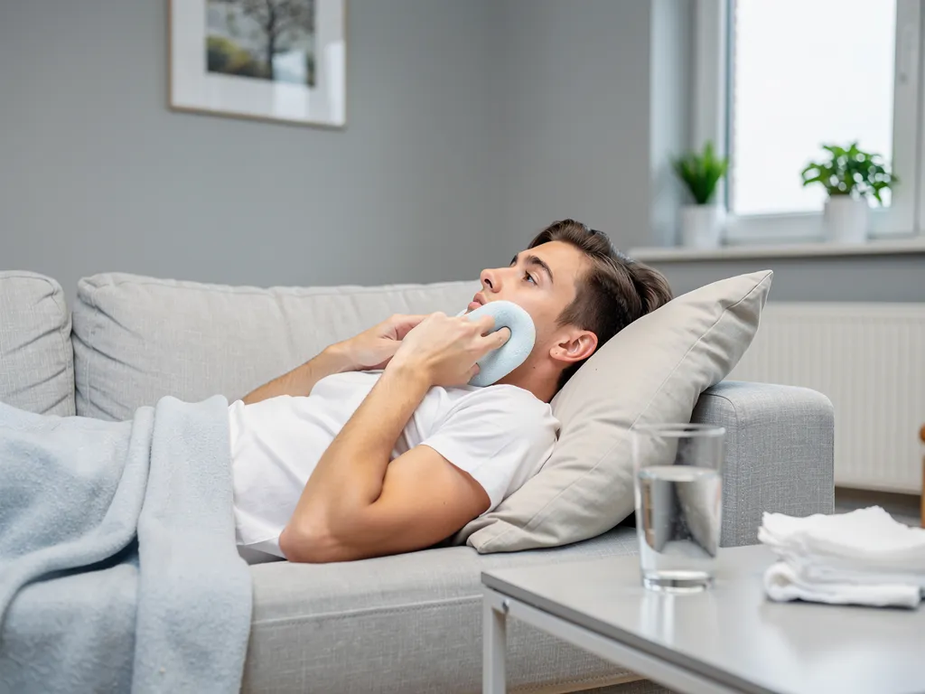 Man applying ice pack to face after tooth extraction, resting on couch with glass of