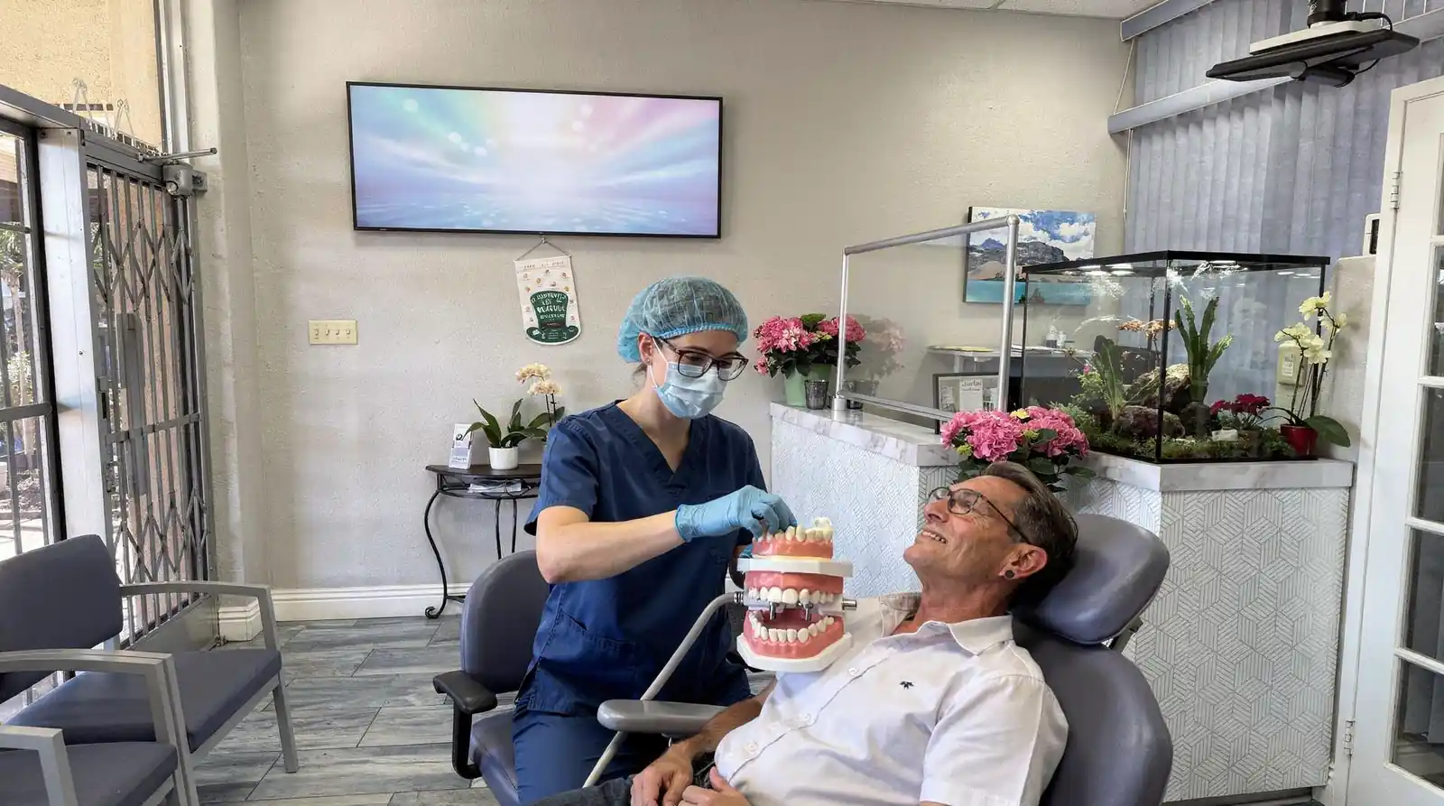 An overdenture is a full denture that clips onto a small number of implants instead