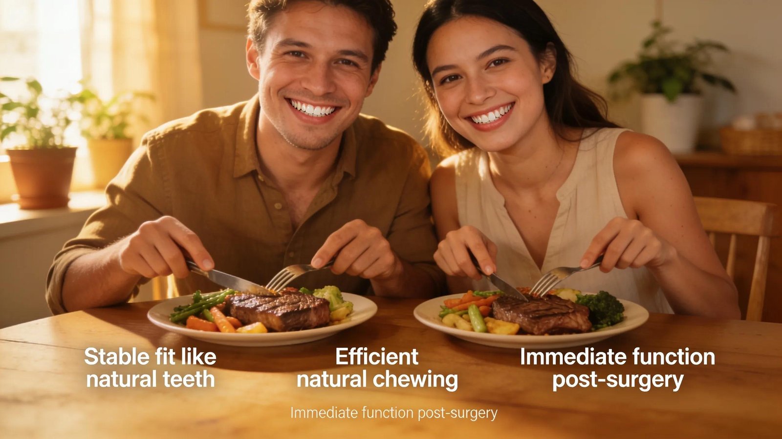 Couple happily enjoying a meal, illustrating the functional advantages of All-on-4 implants