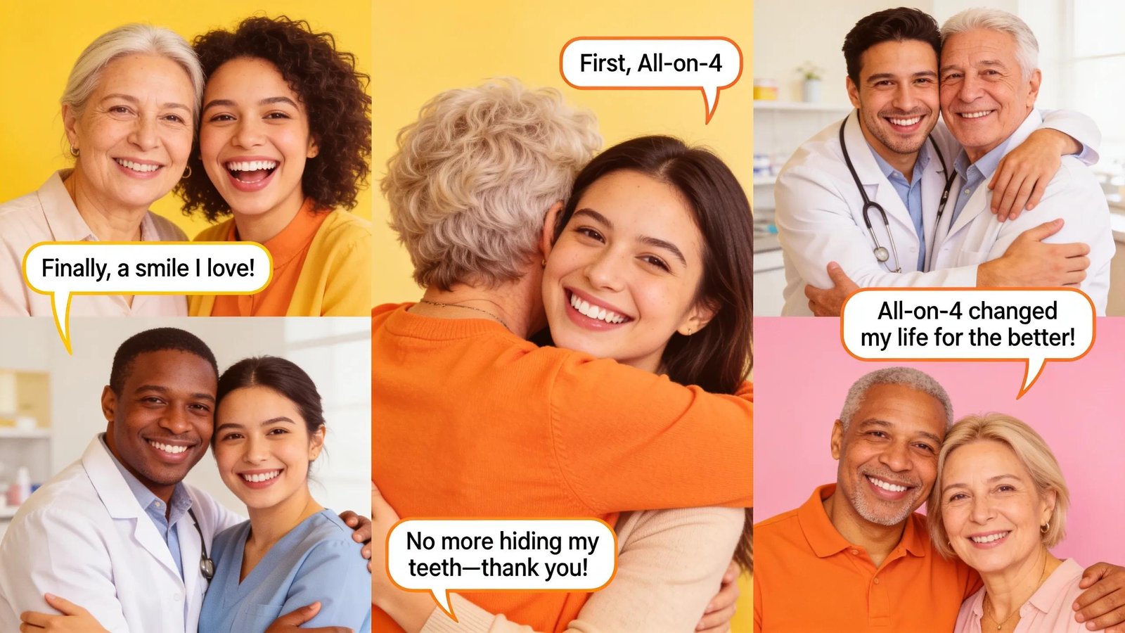 Collage of satisfied patients showcasing their All-on-4 dental transformations