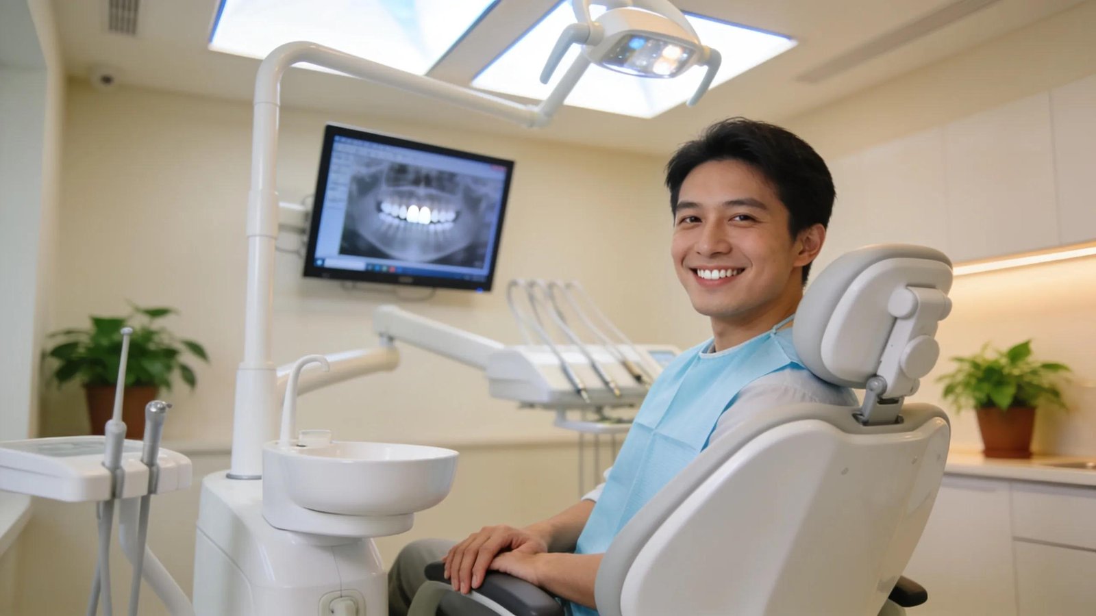 Smiling patient in dental chair with All-on-4 dental implant procedure display.