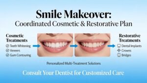 A smile makeover combines multiple cosmetic and restorative treatments into one coordinated plan rather than