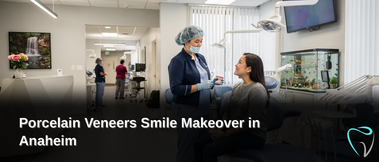 Dental professional examining a patient's smile in a modern Anaheim dental office, showcasing porcelain veneers